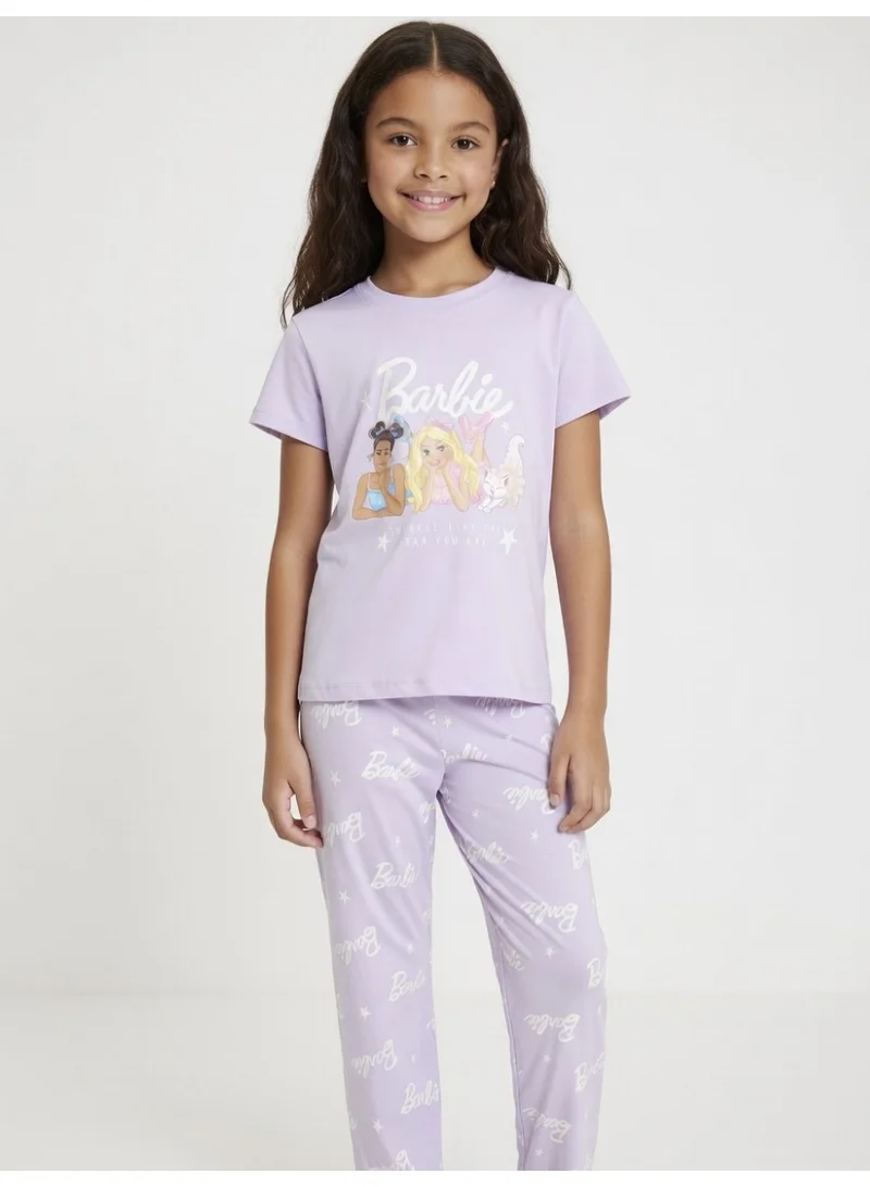 باربي باربي | طقم تيشيرت وبنطال بأكمام قصيرة للبنات | أرجواني فاتح